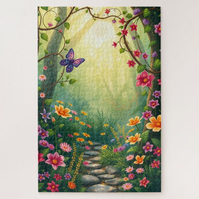 Flowers and a Butterfly in an Enchanted Rainforest Jigsaw Puzzle (Vertical)