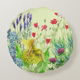 Flowers and a dandelion Fairy watercolor painting Round Cushion