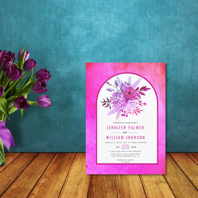 Flowers and arch magenta pink wedding invitation (Creator Uploaded)