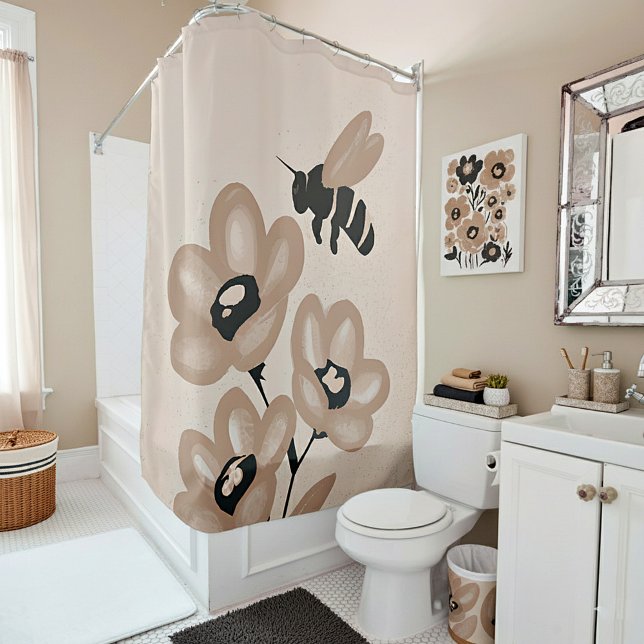 Flowers and bee minimalist art shower curtain (Creator Uploaded)