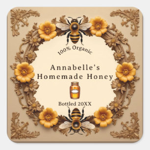 Flowers and Bees Homemade Honey Personalise Square Sticker