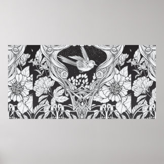 Flowers and bird in art nouveau style seamless pat poster