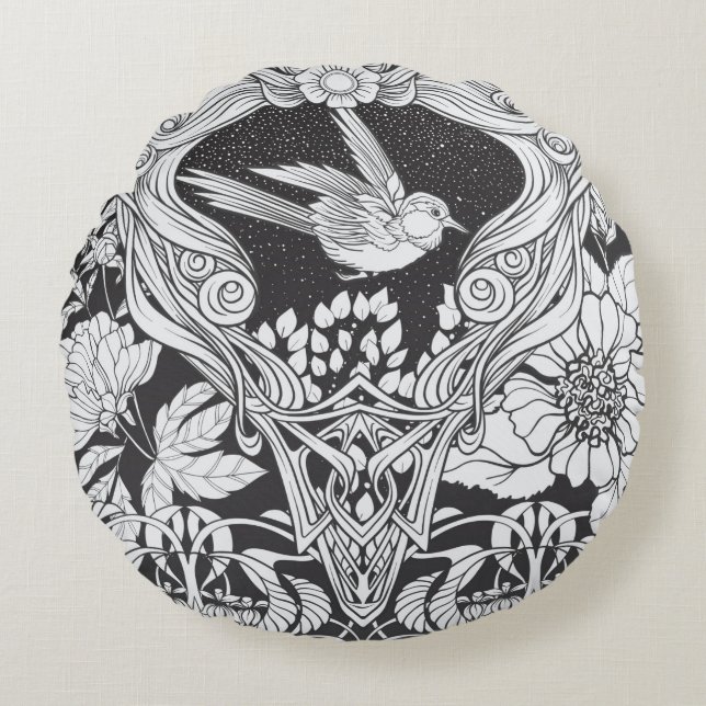 Flowers and bird in art nouveau style seamless pat round cushion (Front)