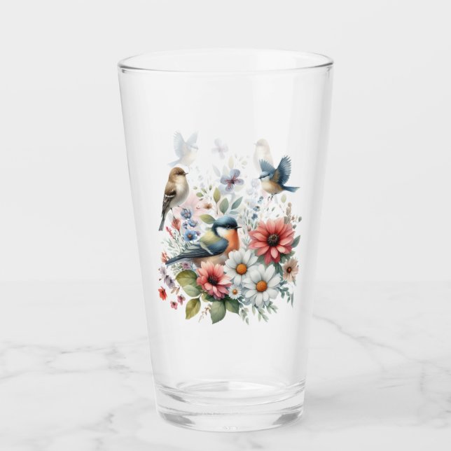 Flowers And Birds Drinking Glass (Front)