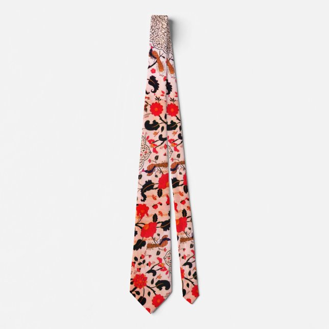 FLOWERS AND BIRDS,PEACOCKS Red Black White Floral Tie (Front)