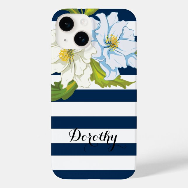 Flowers and blue, white stripes modern floral Case-Mate iPhone case (Back)