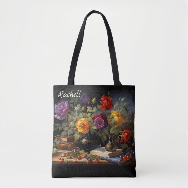 Flowers and Books Add Name Birthday Gift Tote Bag (Front)
