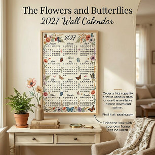 Flowers and butterflies 2027 wall calendar poster