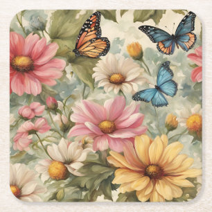 Flowers And Butterflies Art Work Square Paper Coaster