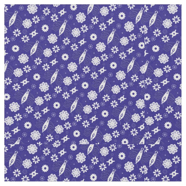 Flowers and butterflies blue and white pattern fabric (Close Up)