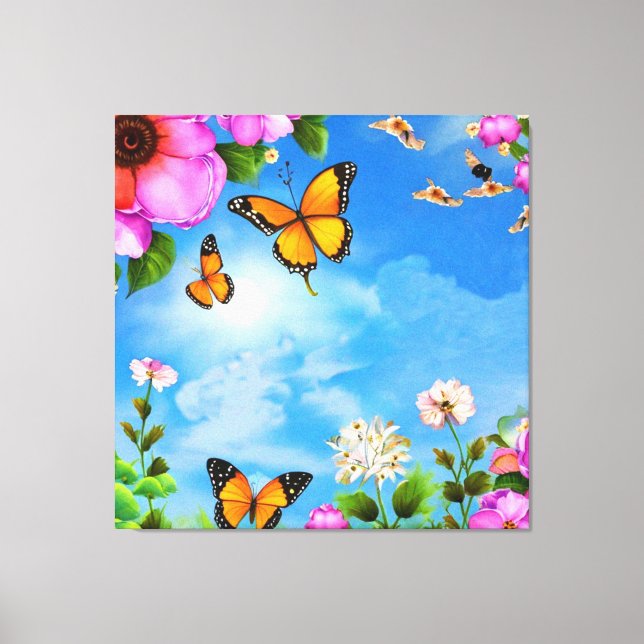 Flowers and butterflies pattern canvas print (Front)