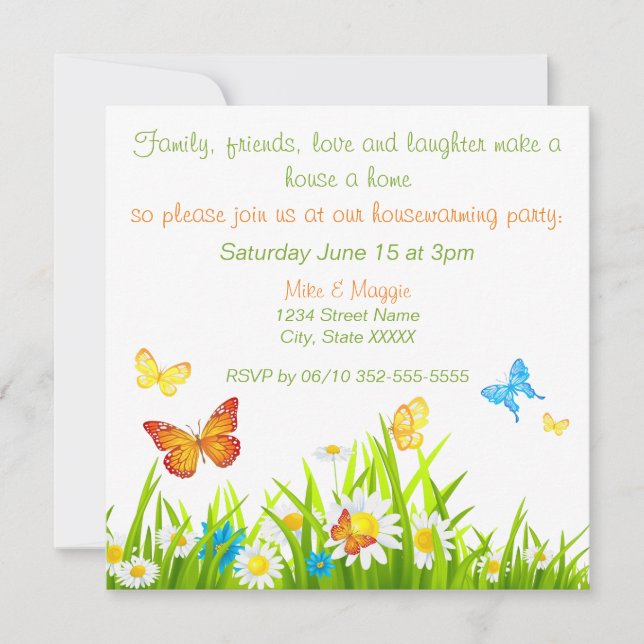 Flowers and Butterflies Printable Housewarming Invitation (Front)