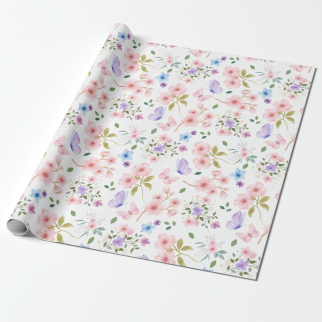 Flowers and Butterflies Wrapping Paper (Unrolled)