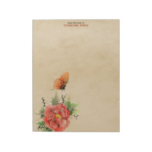 Flowers and Butterfly   Parchment   Vintage Paper Notepad