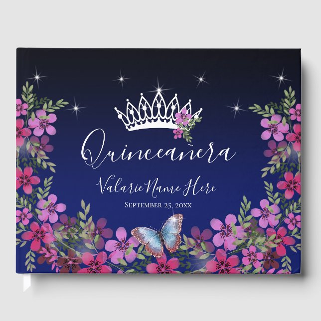 Flowers and Butterfly Princess Quinceanera  Guest Book (Front)