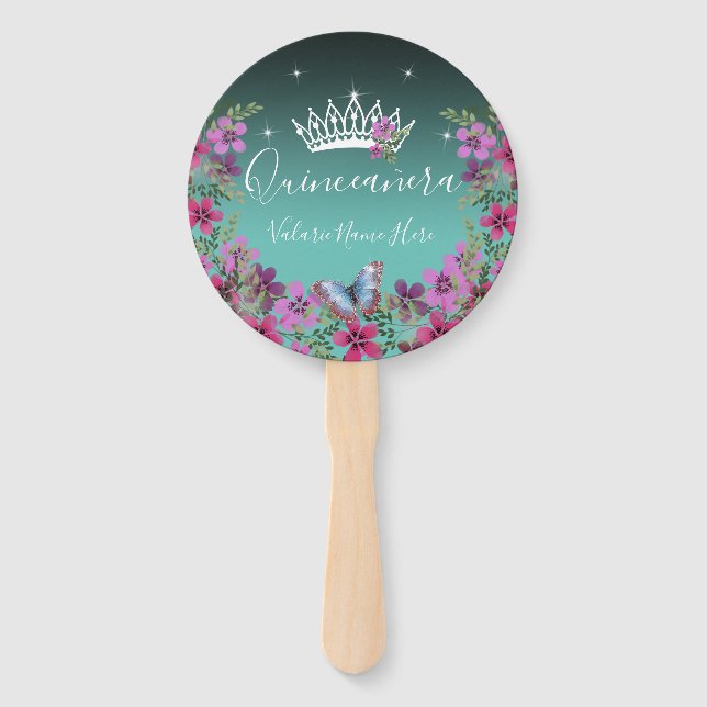 Flowers and Butterfly Quinceanera Blue Hand Fan (Front)
