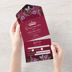 Flowers and Butterfly Quinceanera Burgundy All In One Invitation