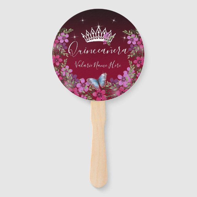 Flowers and Butterfly Quinceanera Burgundy Hand Fan (Front)