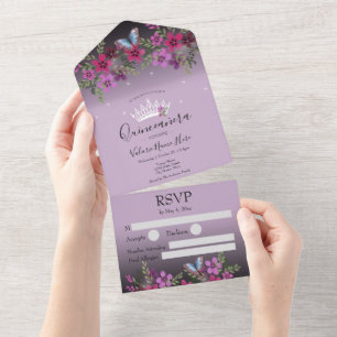 Flowers and Butterfly Quinceanera Purple All In On One Invitation