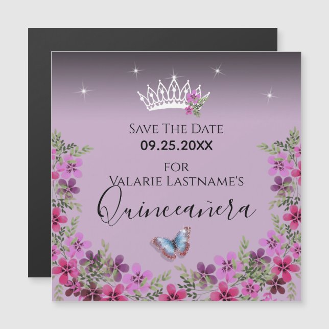 Flowers and Butterfly Quinceanera Save the Date (Front/Back)