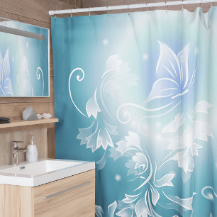 Flowers and Butterfly Teal Shower Curtain