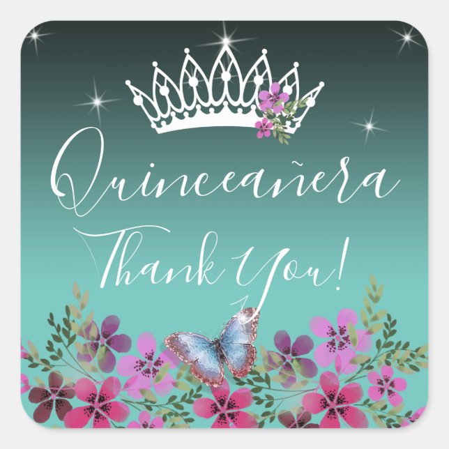 Flowers and Butterfly Thank You Quinceanera Blue Square Sticker (Front)