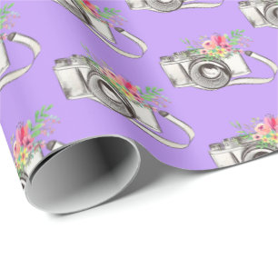 Flowers and Camera on Purple Wrapping Paper