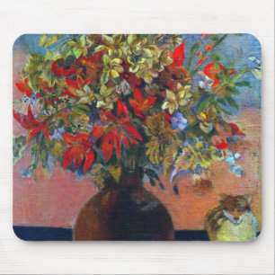 Flowers and Cats by Gauguin, Vintage Fine Art Mouse Pad