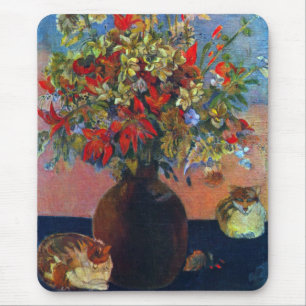 Flowers and Cats by Paul Gauguin, Vintage Fine Art Mouse Pad