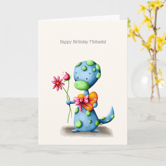 Flowers and Chocolate Lizard Personalised Birthday Card (Yellow Flower)