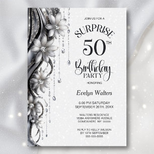 Flowers and Diamonds Surprise 50th Birthday Party Invitation