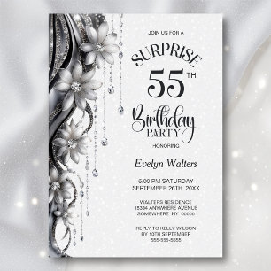 Flowers and Diamonds Surprise 55th Birthday Party Invitation