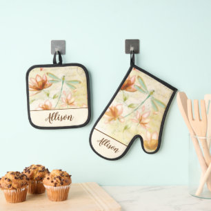 Flowers and dragonfly personalised towel oven mitt & pot holder set