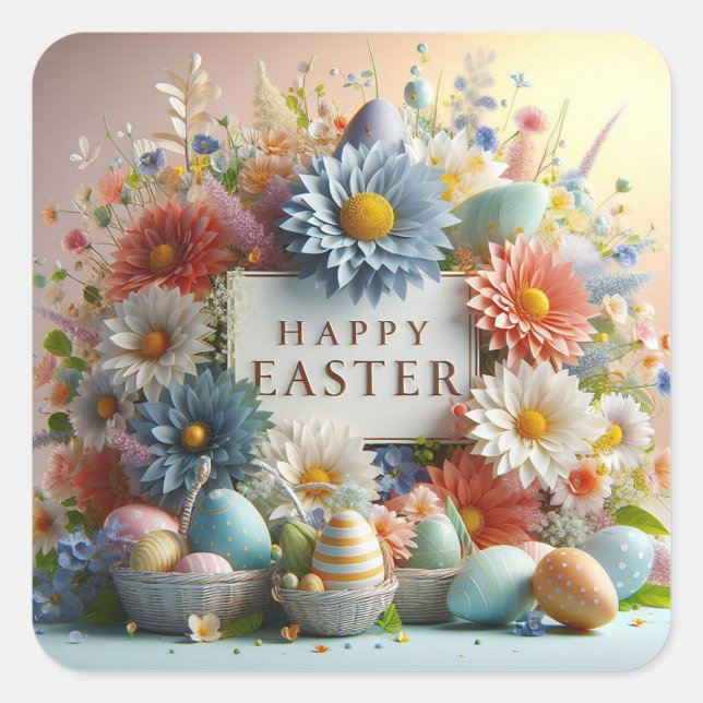 Flowers and Eggs Easter Square Sticker (Front)