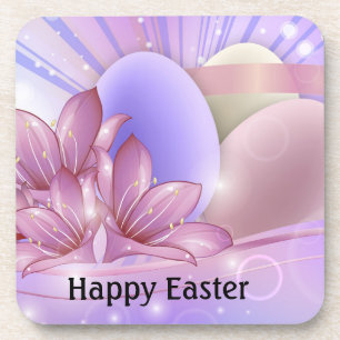 Flowers and eggs on a colourful pastel background coaster
