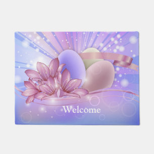 Flowers and eggs on a colourful pastel background doormat