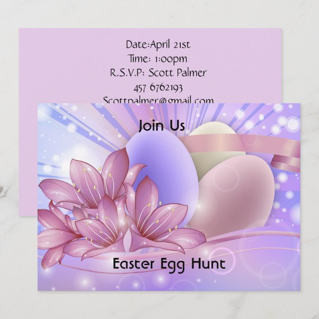 Flowers and eggs on a colourful pastel background invitation (Front/Back)