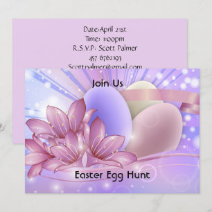 Flowers and eggs on a colourful pastel background invitation