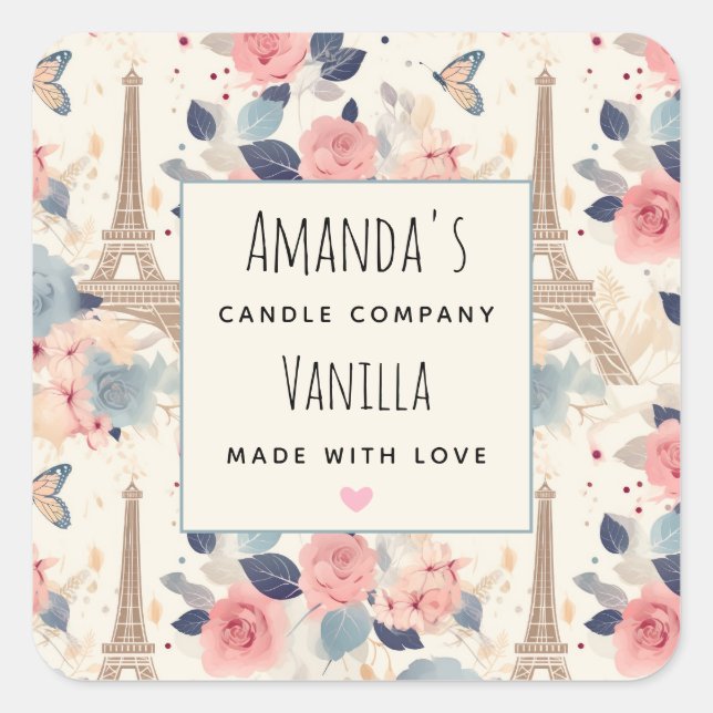 Flowers and Eiffel Tower Paris Candle Business Square Sticker (Front)