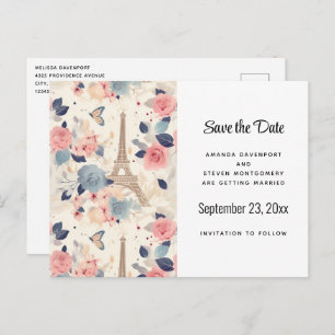 Flowers and Eiffel Tower Paris Pattern Announcement Postcard