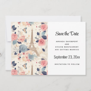 Flowers and Eiffel Tower Paris Pattern Wedding Save The Date