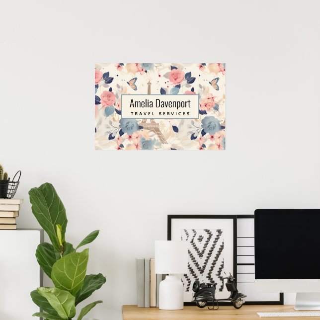 Flowers and Eiffel Tower Travel Pattern Business Poster (Home Office)