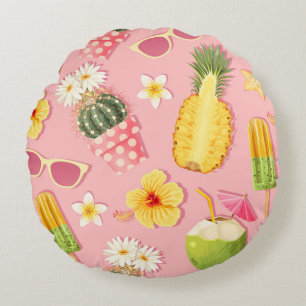 Flowers and exotic fruits vintage seamless pattern round cushion