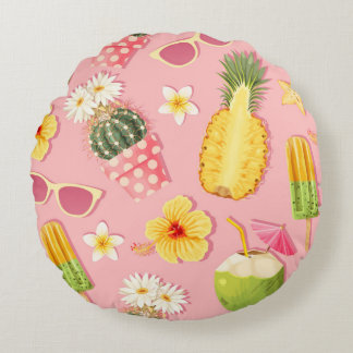 Flowers and exotic fruits vintage seamless pattern round cushion