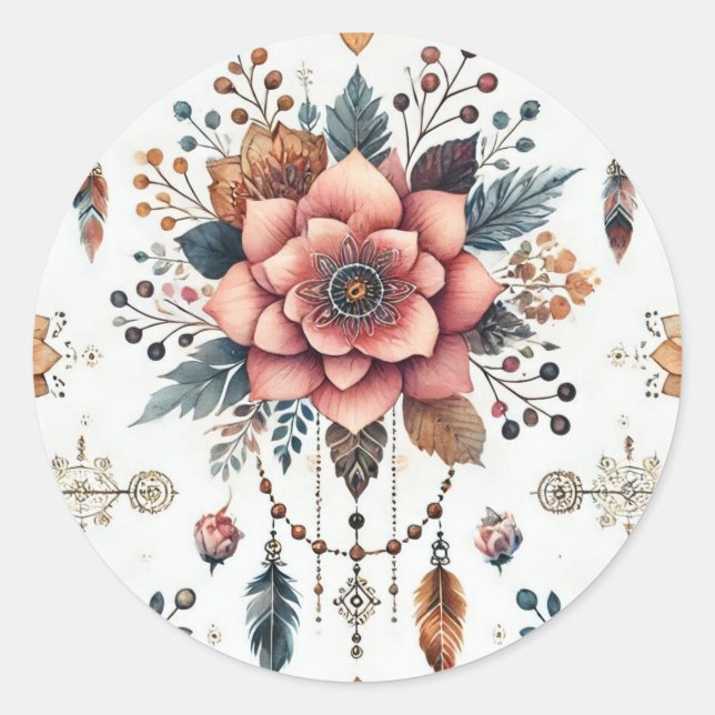 Flowers and Feathers Classic Round Sticker (Front)