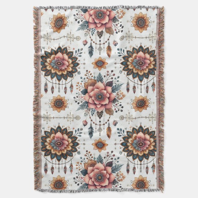 Flowers and Feathers Throw Blanket (Front Vertical)