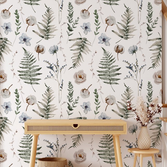 Flowers and Fern Leaves Floral Botanical Pattern Wallpaper (In situ)