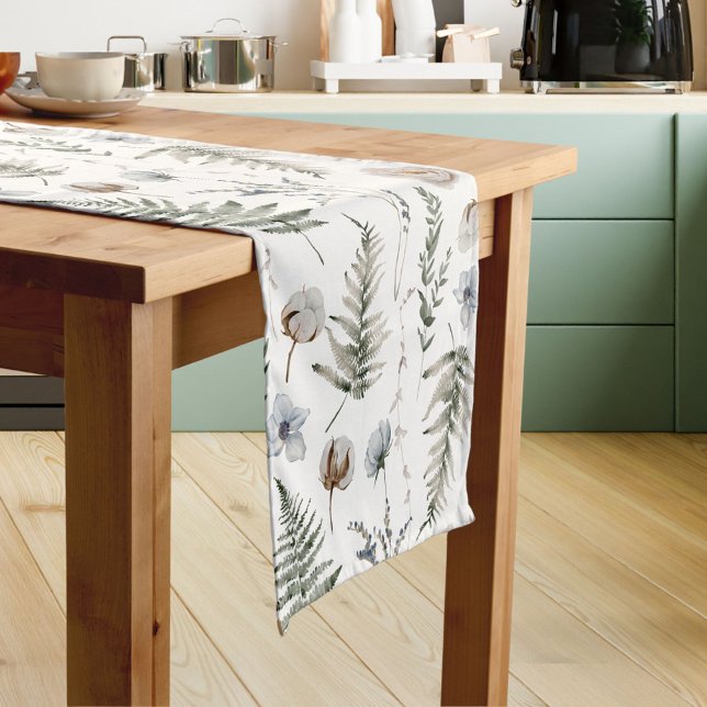 Flowers and Fern Leaves Forest Floral Botanical Short Table Runner (In situ)