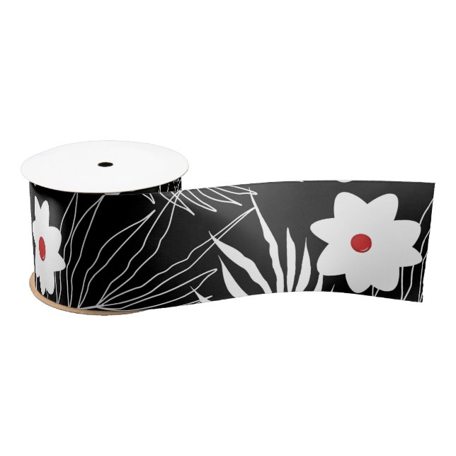 Flowers and Ferns on Black  Satin Ribbon (Spool)