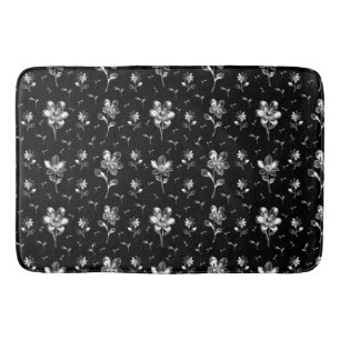 Flowers And Foliage Black And Silver Floral Bath Mat
